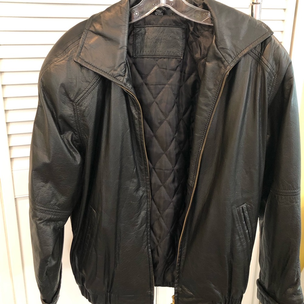 Black leather Jacqueline Ferrar jacket.